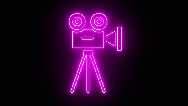 Neon pink retro film camera glows brightly drawing itself line by line in dark studio with black background motion footage.