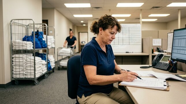 Housekeeping dispatch supervisor reviewing the morning's linen cart distribution volume - Hospital Housekeeping Linen Cart Management Stock Photo