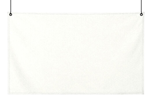 Blank white fabric banner hanging with two black clips ready for customization and display