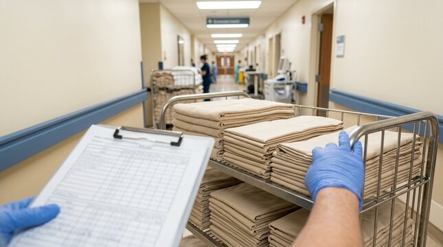 Worker checking a linen cart's inventory count before restocking a hospital ward - Hospital Housekeeping Linen Cart Management Stock Photo