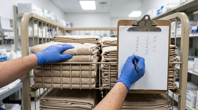 Worker checking a linen cart's supply level twice before marking the restock complete - Hospital Housekeeping Linen Cart Management Stock Photo