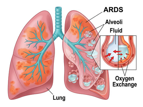 Healthy and ards affected lungs with alveoli detail isolated on white background