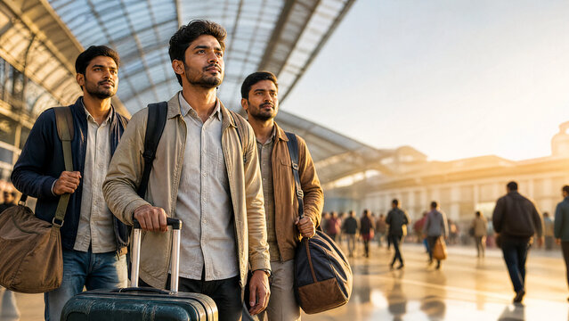 Hopeful Migrant Workers Arriving at City Transit Hub with Luggage