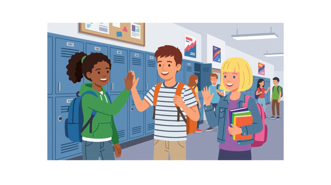 Happy diverse students giving high five in school hallway with lockers
