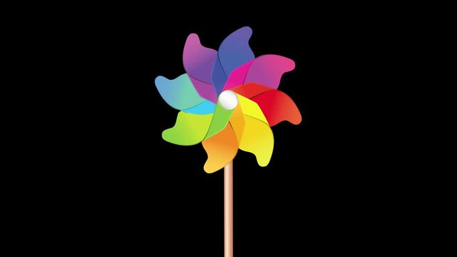 Spinning and rotating colorful rainbow pinwheel toy animated motion graphic isolated on black background.