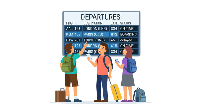 Travelers checking flight departures board at airport, planning journey
