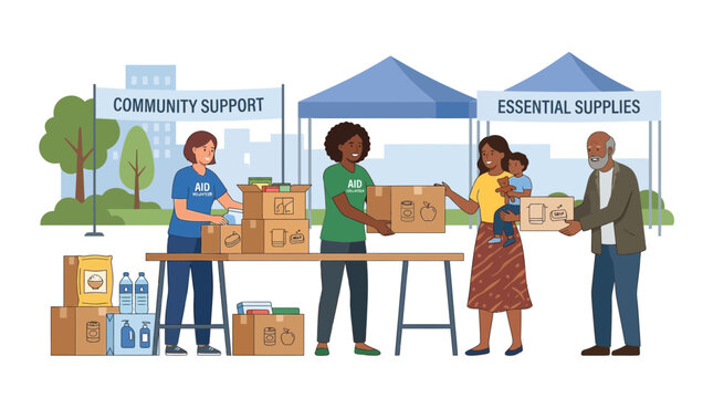 Volunteers distribute essential supplies and community support in urban setting