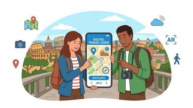 Travelers using digital map app on smartphone for navigation in Rome, Italy
