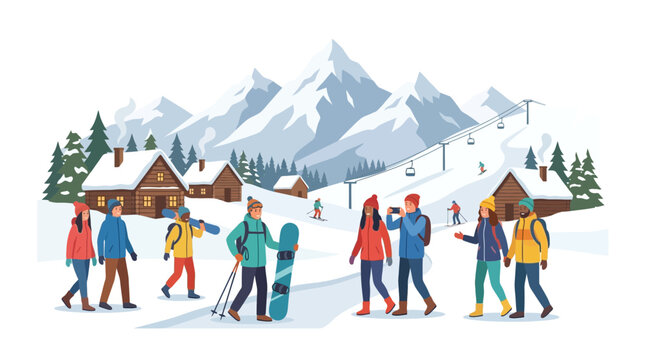 Winter Mountain Resort Scene with People Skiing and Snowboarding