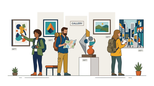 Art Gallery Visit: Diverse Visitors Admire Modern Paintings and Sculpture
