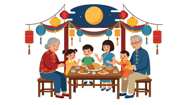 Asian Family Reunion Celebration Under Lanterns, Moon Festival Dinner