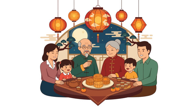Asian Family Reunion Dinner Celebrating Mid-Autumn Festival With Mooncakes and Lanterns