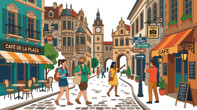 Tourists explore charming European old town street with cafes and historic architecture