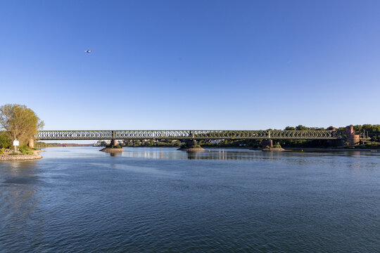 historic railway bridge called south bridge at river Rhine in Mainz