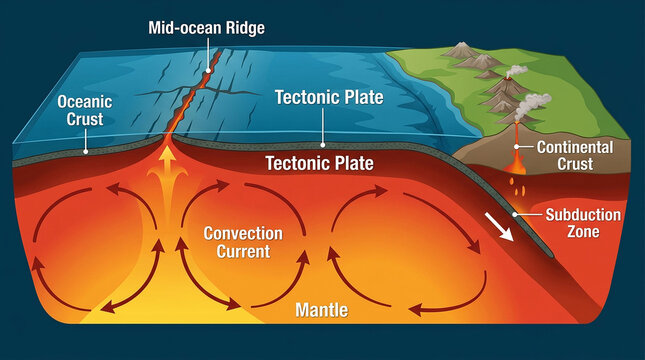 Tectonic plates moving over mantle diagram showing subduction and convection currents