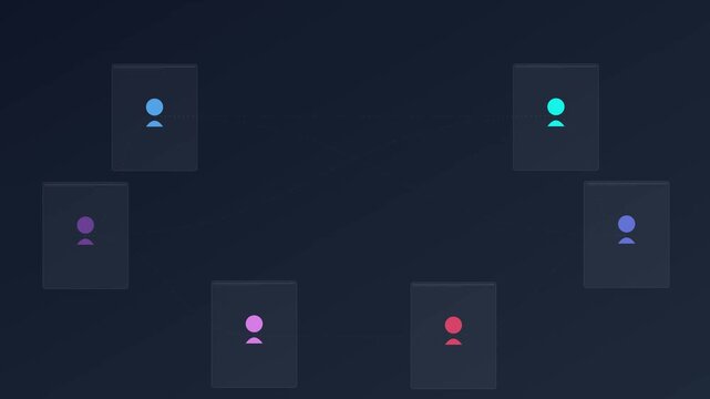 This minimalist digital layout features a collection of six distinct colorful user profile icons arranged in a symmetrical curved pattern against a dark background
