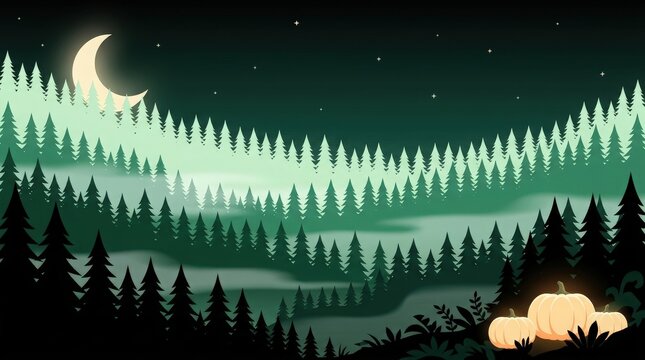 Pixel art halloween forest landscape with a glowing moon and orange pumpkins in the dark night scene