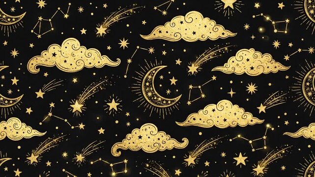 Seamless Pattern with Golden Celestial Elements and Glowing Stars