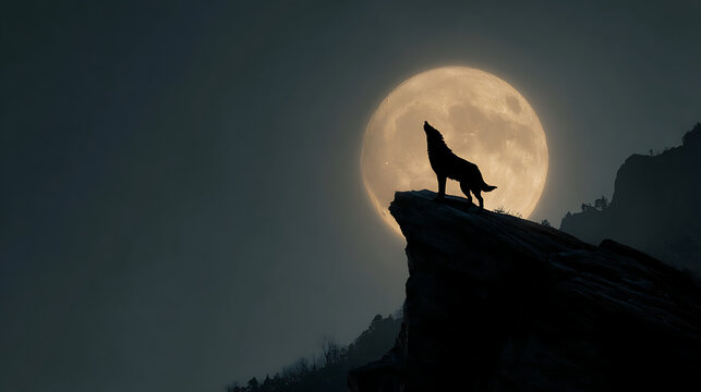 Alpha wolf howling at full moon, dramatic night.