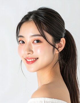 A young woman with long dark hair tied back smiles softly, showing clear skin and natural makeup against a plain white background.