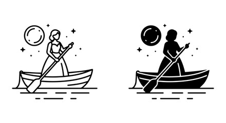 Woman Rowing Boat Under Moon, Celestial Night Scene Vector Icons, Outline and Silhouette © Fariya02