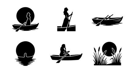 Woman Rowing Boat Silhouette Set, Lakeside Sunset Scenes, Nautical Journey Icons © Fariya02