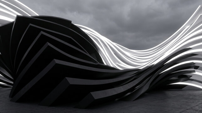 a 3D digital rendering of an abstract architectural concept featuring sweeping, wave-like parametric curves in a contrasting black and white palette.