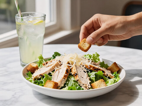 Hand holding fork eating healthy chicken salad lunch