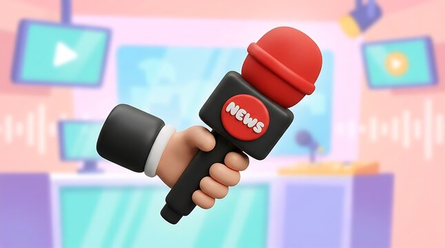 3d hand holding a red news microphone in a studio isolated on white background