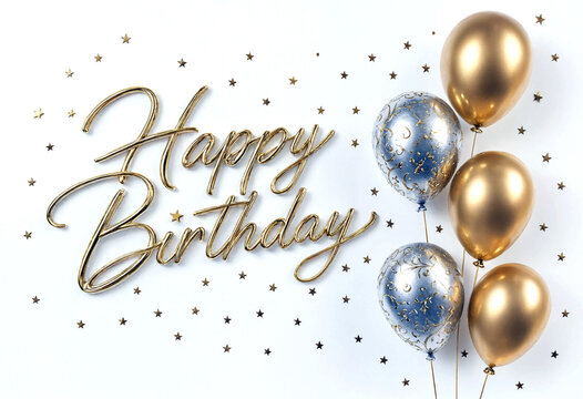 Elegant happy birthday greeting with golden balloons and star confetti celebration design