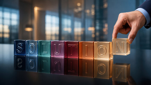 Business problem solving strategy showing corporate consulting solution with colorful glass alphabet blocks completed by hand