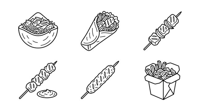 Greek and Middle Eastern Street Food Icon Set Featuring Pita Gyros Wrap Kebab Skewers Falafel and Boxed French Fries Vector Art
