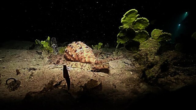 Diadem. Melo amphora crawls over the sandy seabed at night with its long siphon extended forward while searching for prey during a muck dive in Raja Ampat.