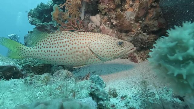 An orange-spotted grouper Epinephelus coioides rests beneath a coral overhang in Raja Ampat, its pale body covered with numerous orange-red spots. 