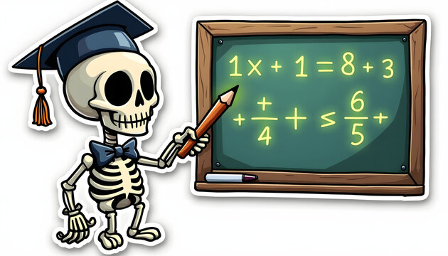 Skeleton Teacher Sticker Holding Pencil Beside Math Chalkboard