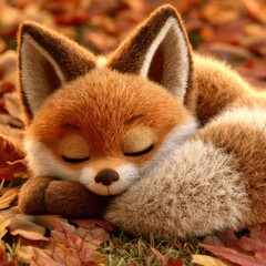 Naklejka premium A fox character is curled up and sleeping in a bed of leaves in a forest during autumn. Its fur is vibrant and soft.