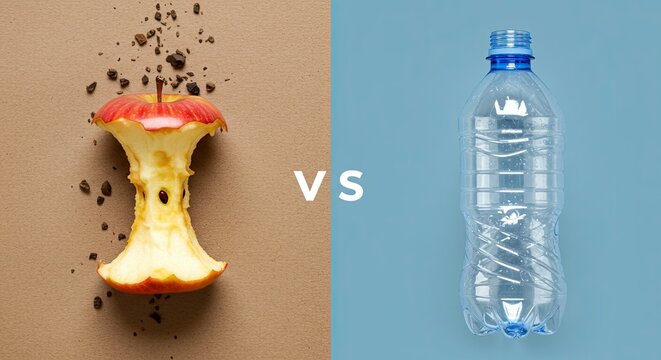 Red Apple Core and Full Plastic Bottle on Contrasting Background