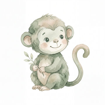 illustration of a cute little monkey with pastel green fur holding a green leaf stalk