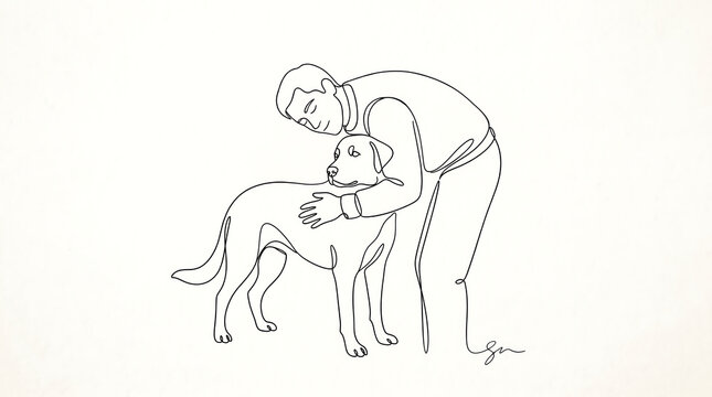 Continuous One Line Art Drawing of Man Hugging His Dog Vector Illustration