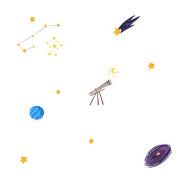 Cute hand drawn space illustration set with telescope, planets, constellations, galaxy, comet, and stars isolated on a white background. Playful astronomy doodles for children's design.