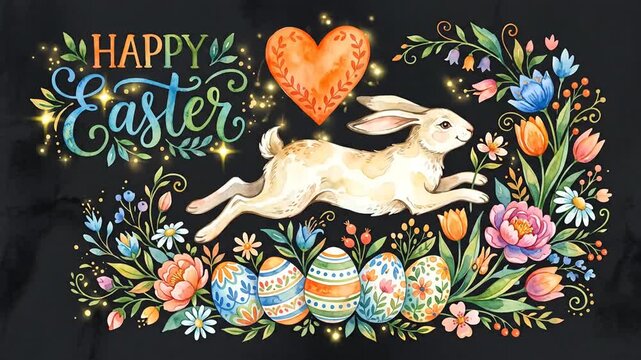 Animated watercolor Easter greeting with running bunny, eggs, blooming flowers, and glowing text on black background.