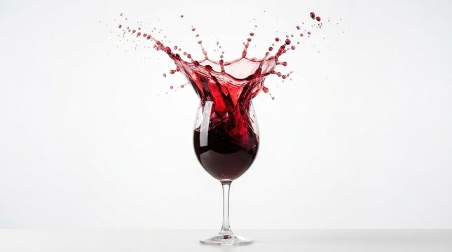 Dynamic splash of rich red wine bursting out of a clear glass goblet with airborne liquid droplets, shot in high speed freeze motion against a seamless white background.