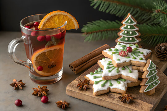 Cozy holiday treats with warm beverage and festive gingerbread tree