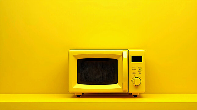 vintage yellow microwave oven standing on bright yellow background