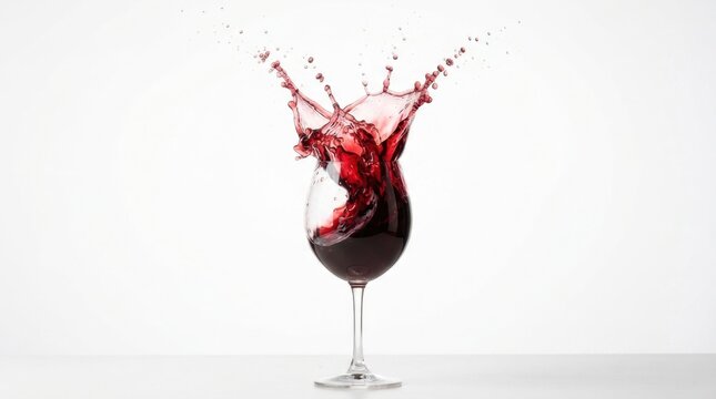 Dynamic red wine splash bursting out of a clear glass stemware with flying liquid droplets and crown splash freeze action captured on a bright white studio background.