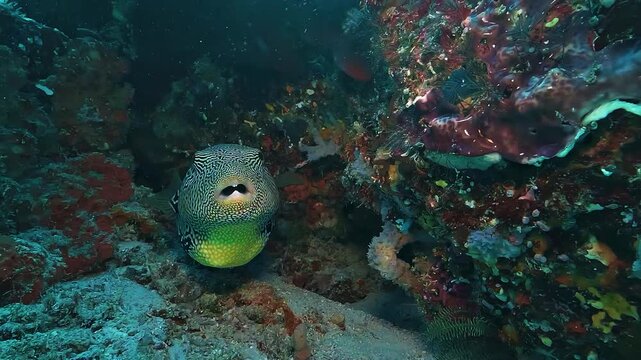 A map pufferfish Arothron mappa swims beside a colorful coral wall in Raja Ampat, showing its maze-like pattern and yellow belly.