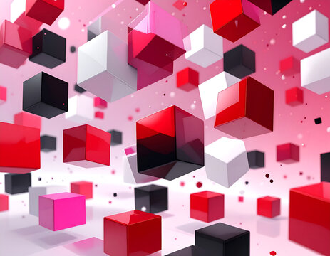 Abstract 3D Cubes Floating in Pink and Red Gradient Background.