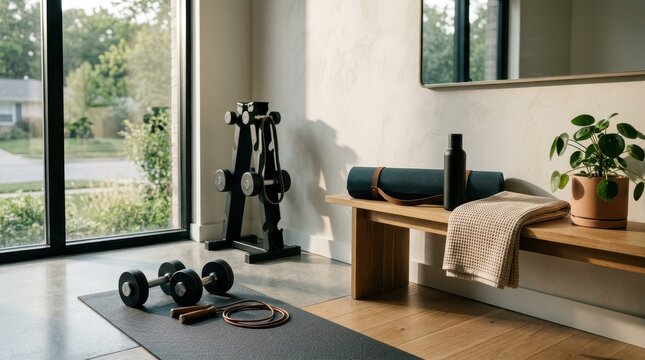 Modern home gym with exercise equipment isolated on white background