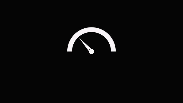 Simple white speedometer with needle pointing left on a solid black background representing low speed or inactivity.