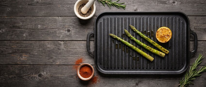 Grilled asparagus spears on cast iron griddle plate with spices for healthy vegetable meal preparation asparagus vegetable culinary nutrition preparation homemade gastronomy delicious